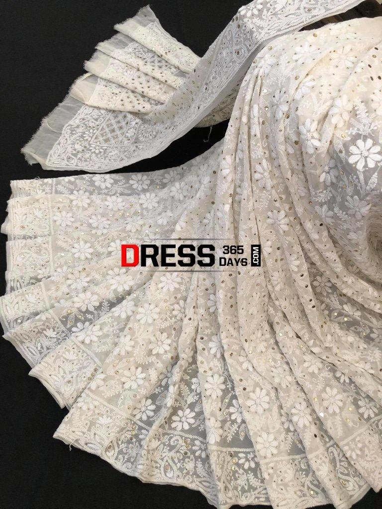 Ivory Chikankari Kamdani Saree