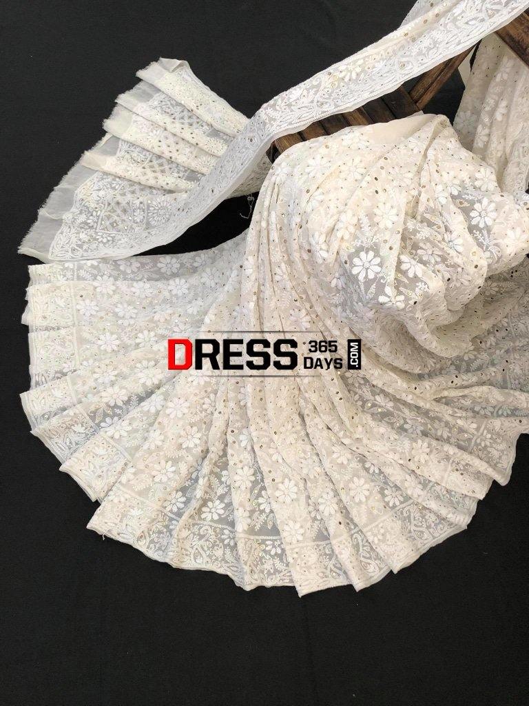 Ivory Chikankari Kamdani Saree