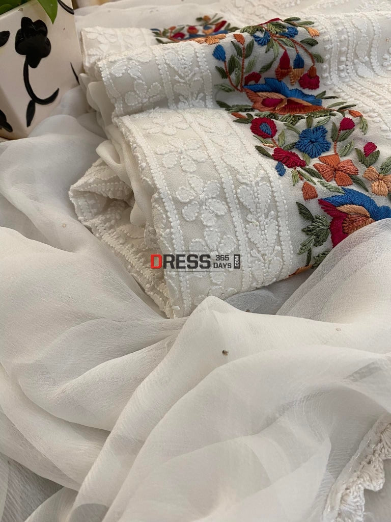 Ivory Chikankari Parsi Gara Daaman Kurta Dupatta Set