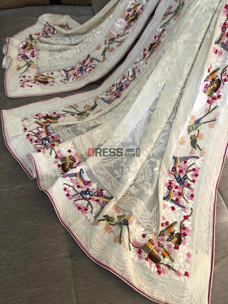 Ivory Chikankari Parsi Gara & French Knot Hand Embroidered Dupatta