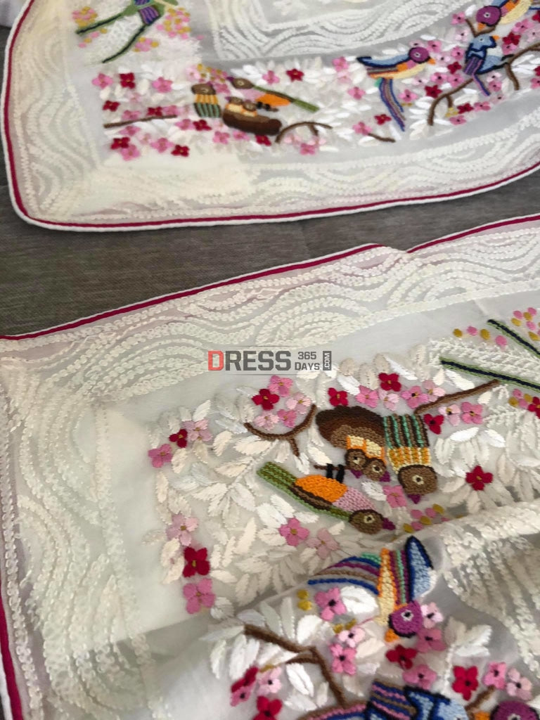 Ivory Chikankari Parsi Gara & French Knot Hand Embroidered Dupatta