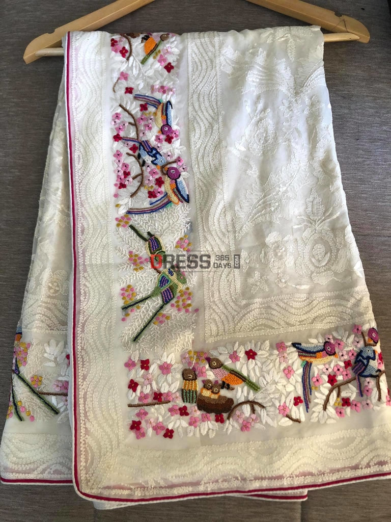 Ivory Chikankari Parsi Gara & French Knot Hand Embroidered Dupatta