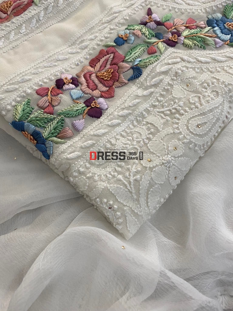 Ivory Chikankari Parsi Hand Embroidered Neckline Suit Suits