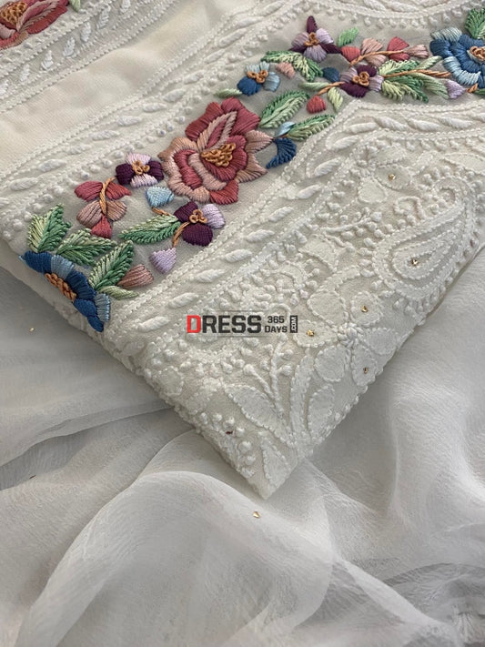 Ivory Chikankari Parsi Hand Embroidered Neckline Suit Suits
