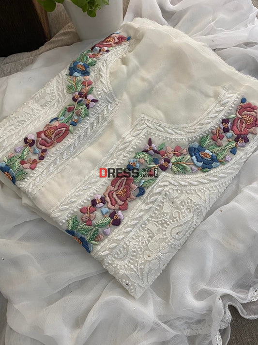 Ivory Chikankari Parsi Hand Embroidered Neckline Suit Suits