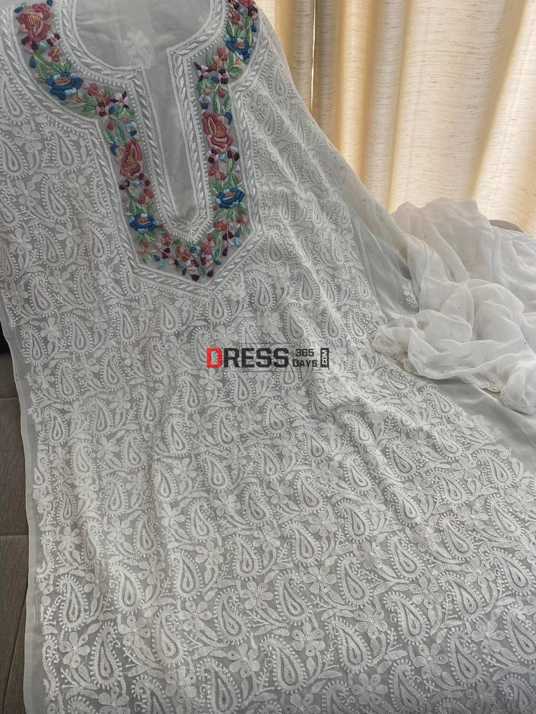 Ivory Chikankari Parsi Hand Embroidered Neckline Suit Suits