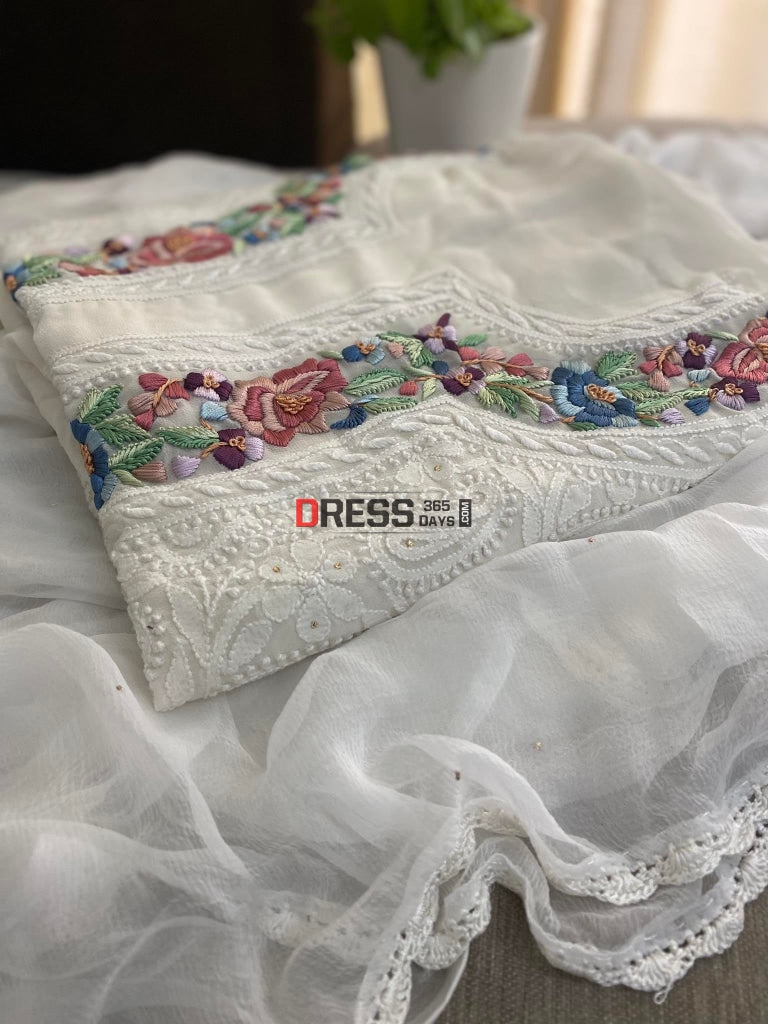 Ivory Chikankari Parsi Hand Embroidered Neckline Suit Suits