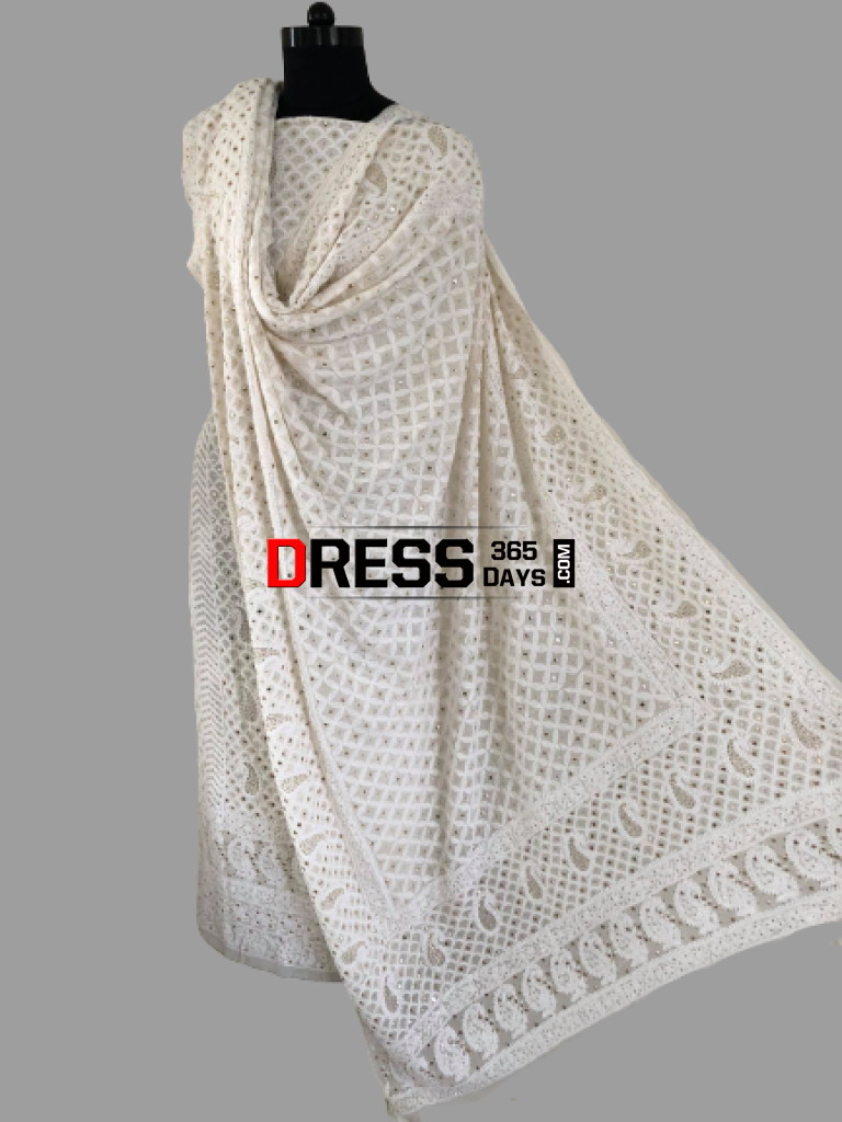Ivory Chikankari Suit With Fully Embroidered Dupatta And Lower Fabric Suits