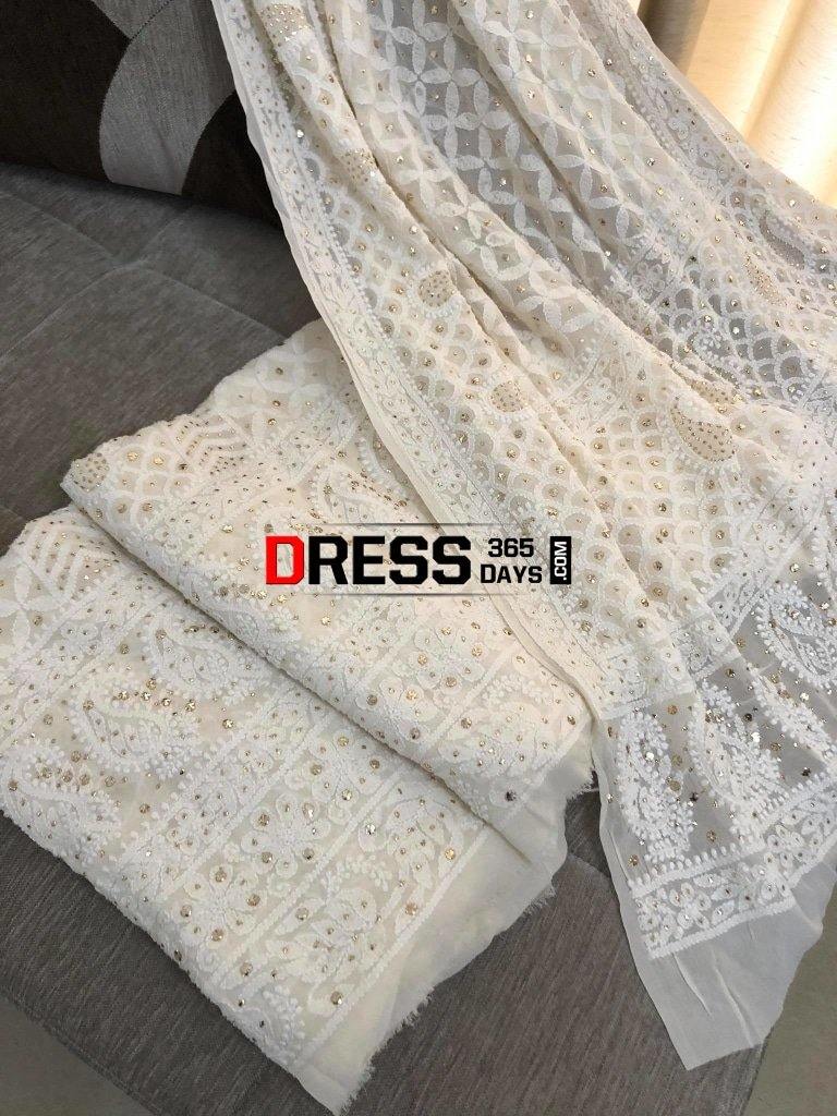 Ivory Chikankari Suit With Fully Embroidered Dupatta And Lower Fabric Suits
