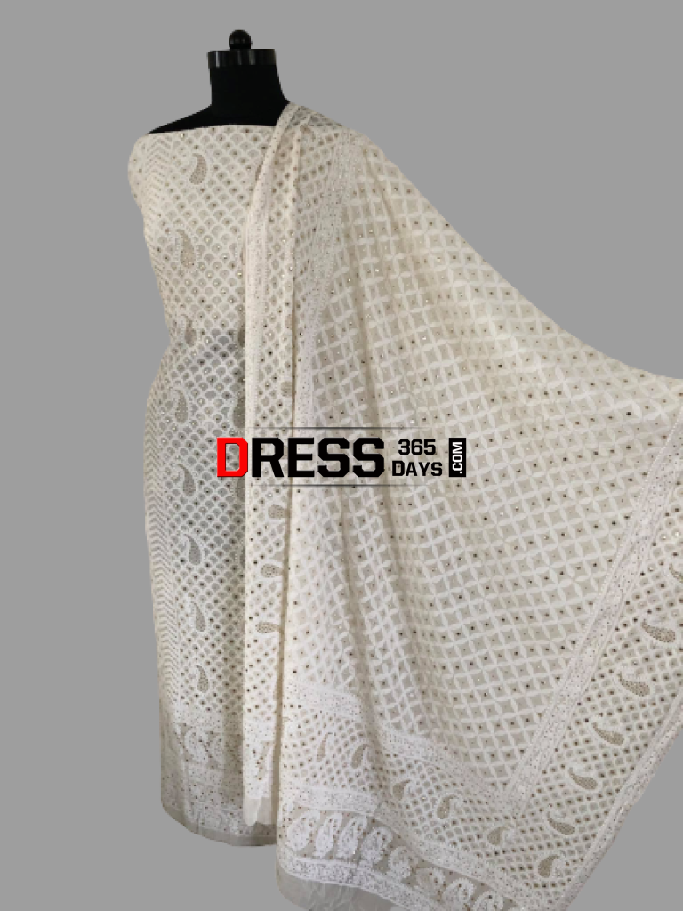 Ivory Chikankari Suit With Fully Embroidered Dupatta And Lower Fabric Suits