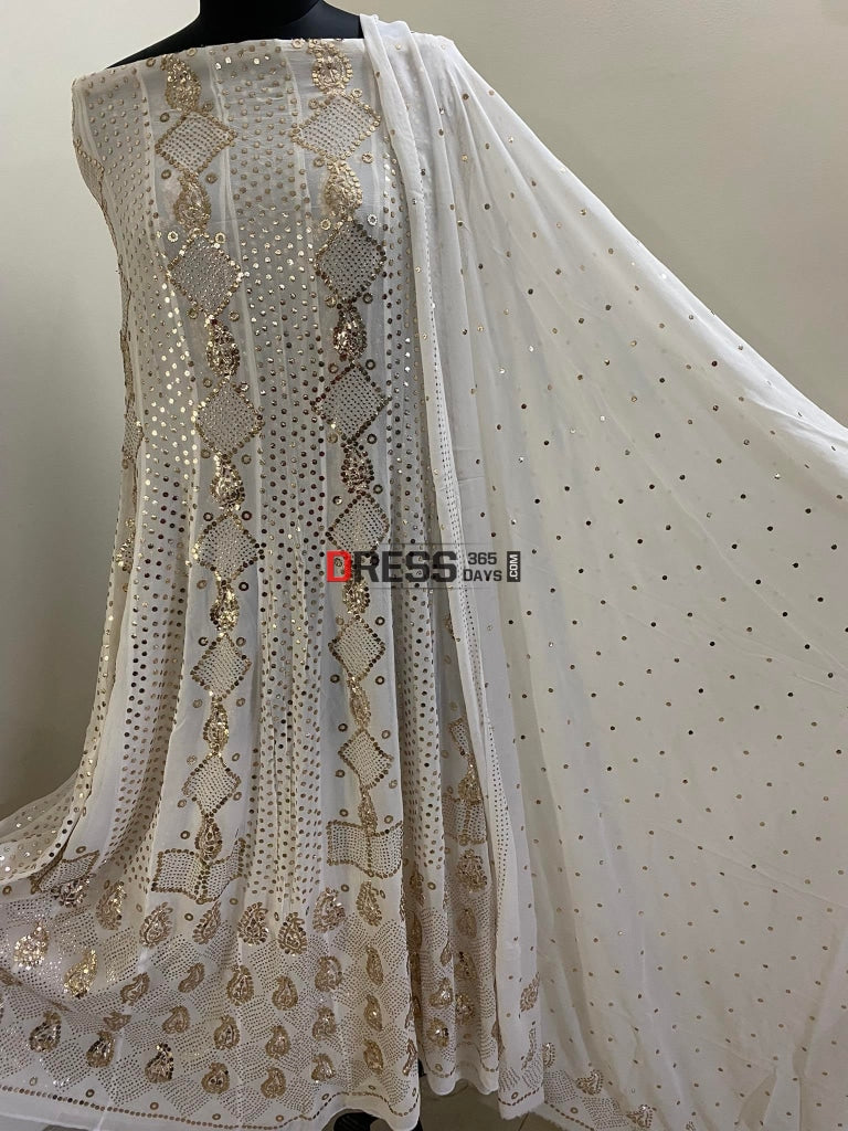 Ivory Designer Kamdani Work Anarkali Suit Chikankari