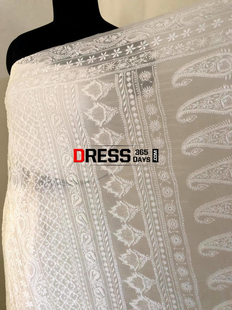 Ivory Fine Chikankari & Jaali Work Saree