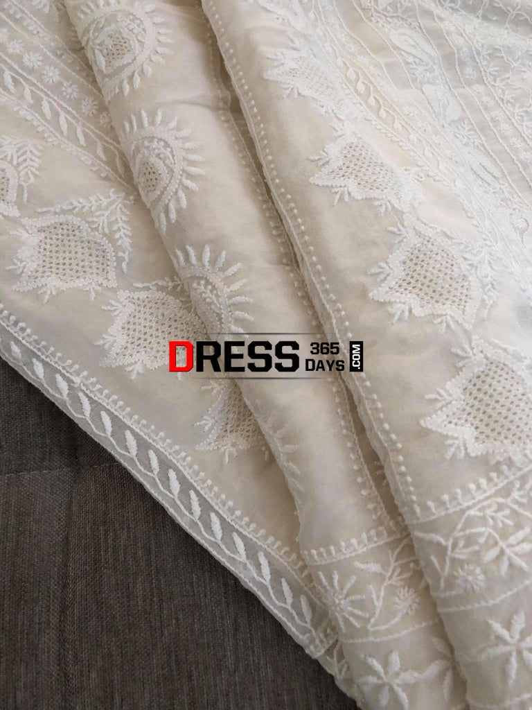 Ivory Fine Chikankari & Jaali Work Saree