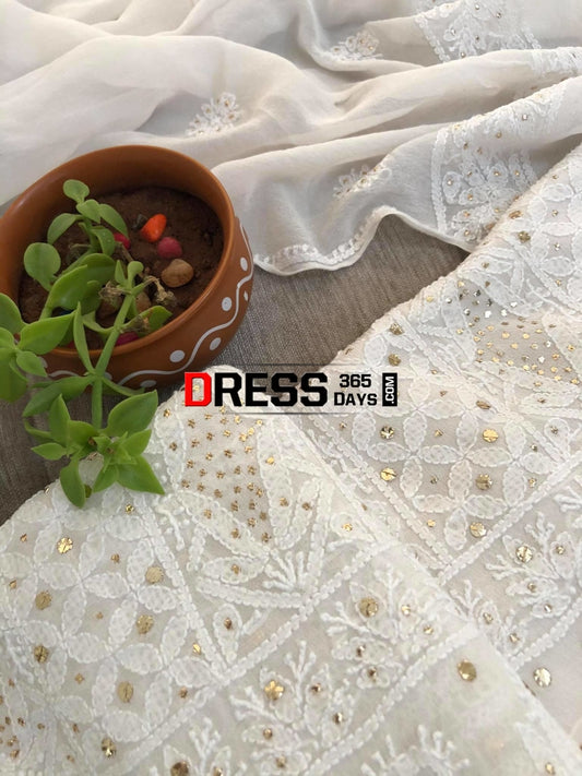 Ivory Front & Back Chikankari Kamdani Suit Suits