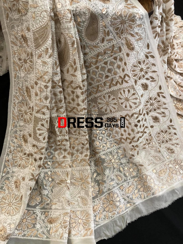 Ivory Gota Patti Lucknow Chikankari Saree