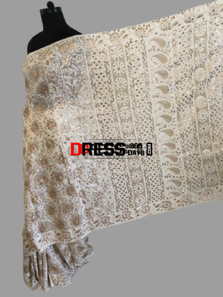 Ivory Gota Patti Lucknow Chikankari Saree