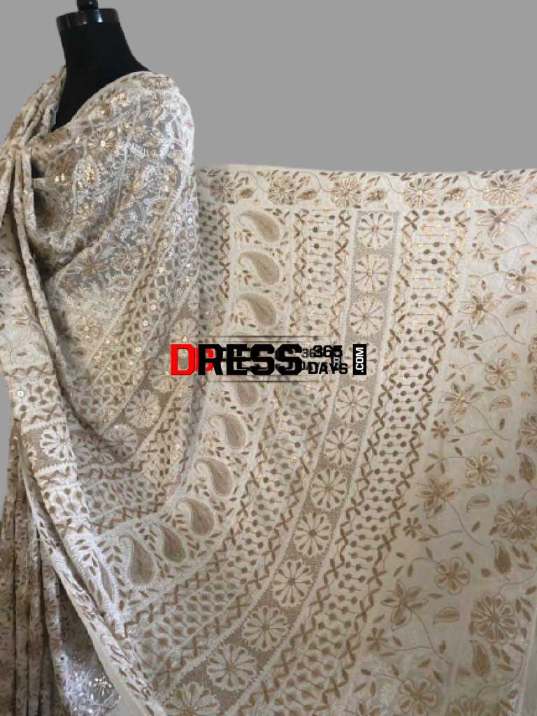 Ivory Gota Patti Lucknow Chikankari Saree