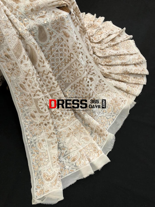 Ivory Gota Patti Lucknow Chikankari Saree
