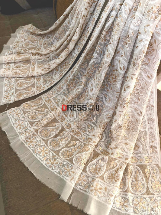 Ivory Gota Patti Lucknowi Chikankari Dupatta
