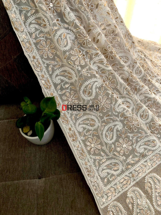Ivory Gota Patti Lucknowi Chikankari Dupatta