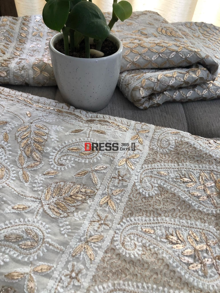 Ivory Gota Patti Lucknowi Lehenga Set Chikankari