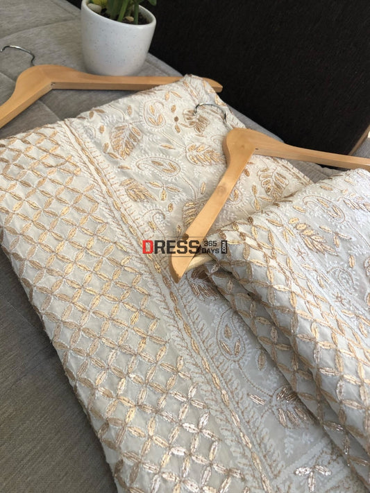 Ivory Gota Patti Lucknowi Lehenga Set Chikankari