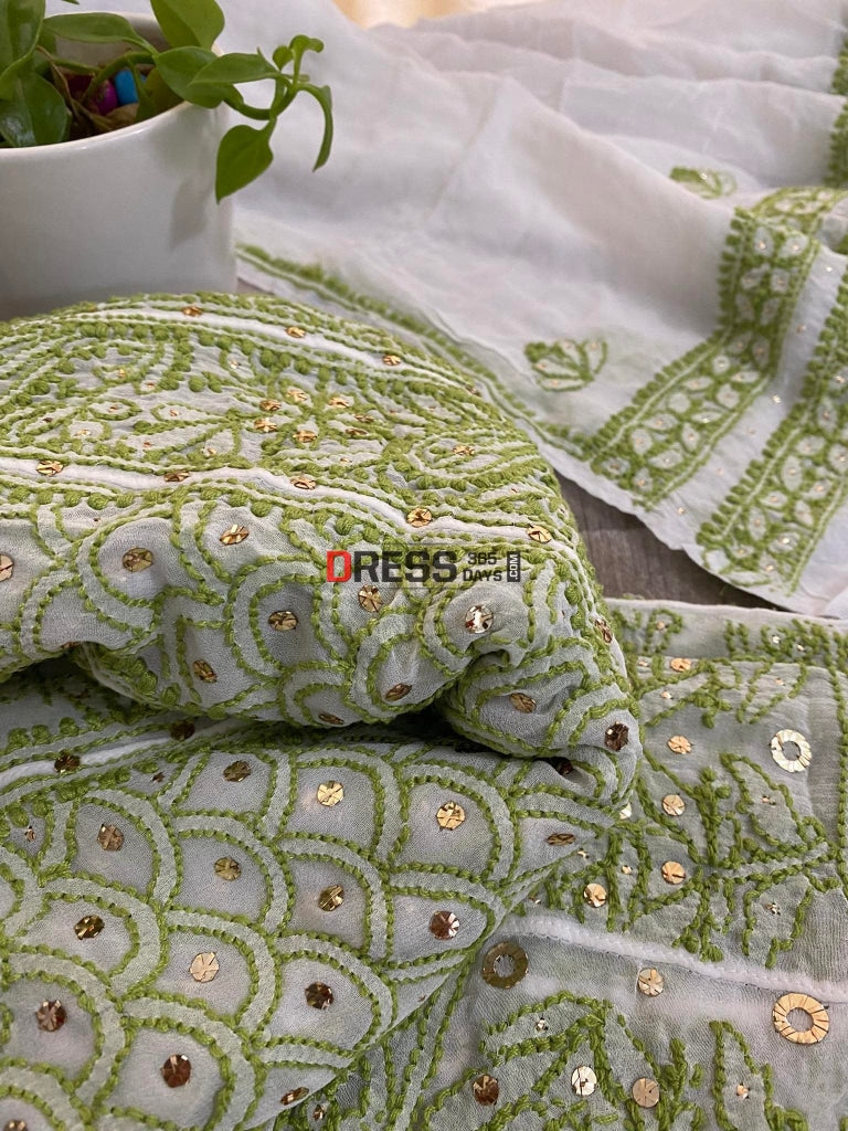 Ivory & Green Mukaish Chikankari Anarkali Suit