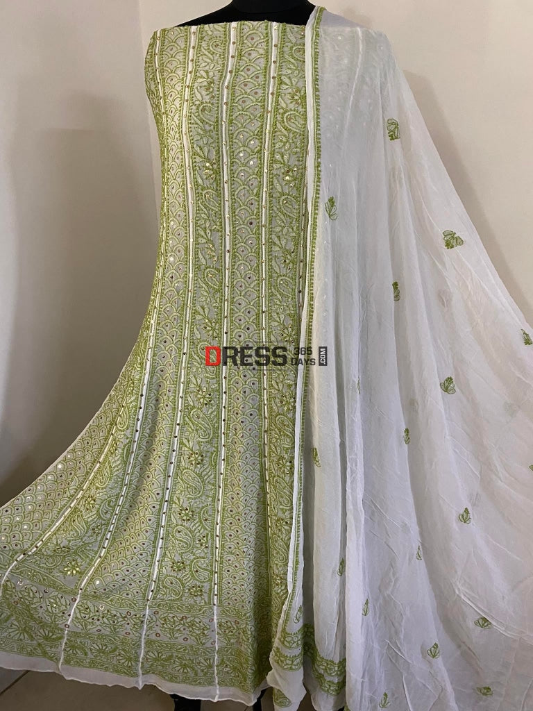 Ivory & Green Mukaish Chikankari Anarkali Suit