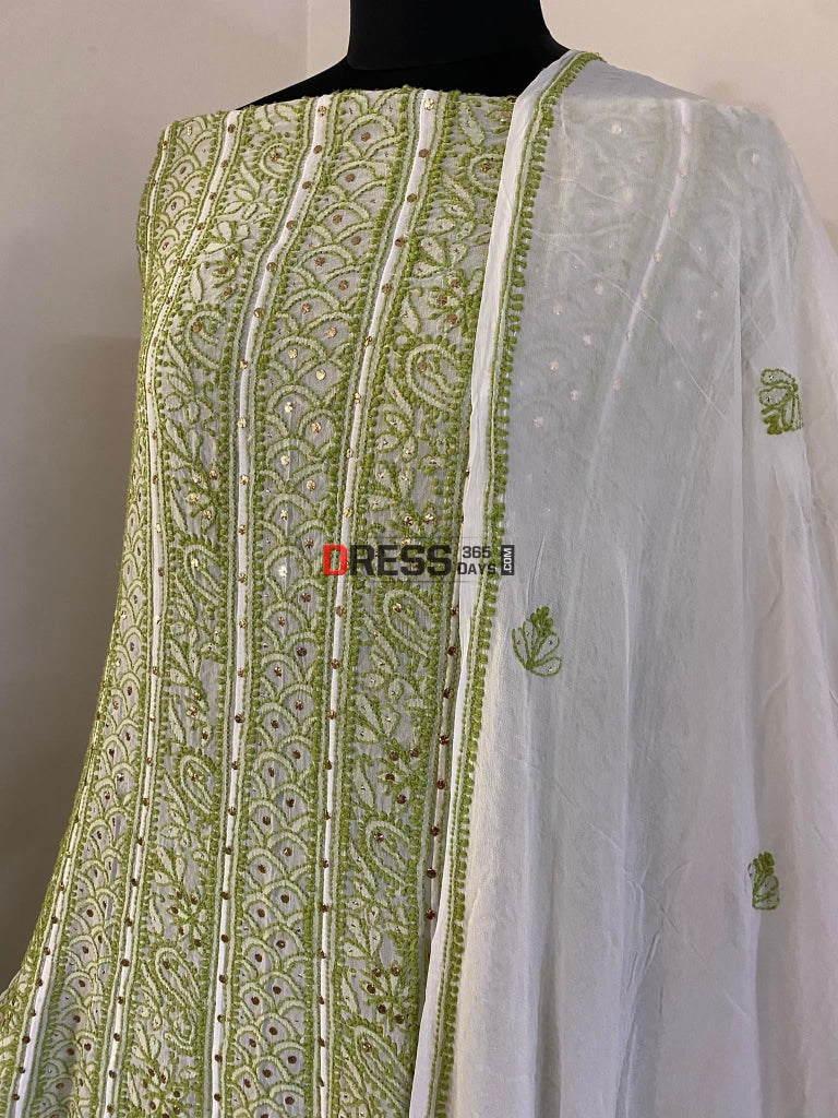 Ivory & Green Mukaish Chikankari Anarkali Suit