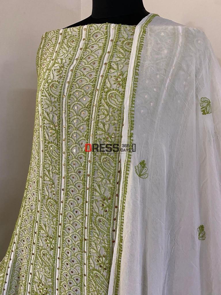 Ivory & Green Mukaish Chikankari Anarkali Suit