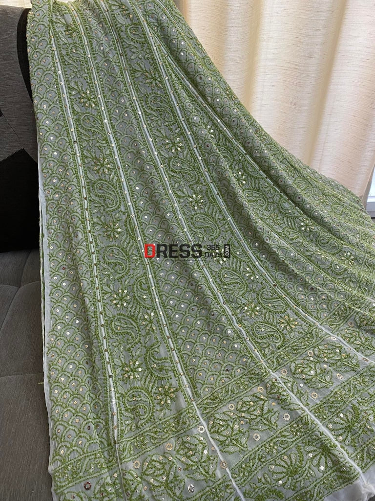 Ivory & Green Mukaish Chikankari Anarkali Suit