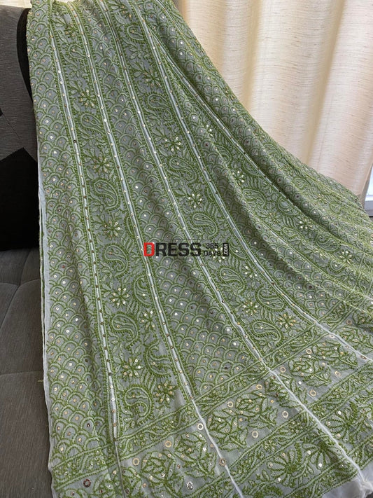 Ivory & Green Mukaish Chikankari Anarkali Suit