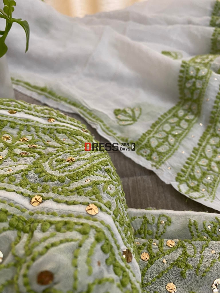 Ivory & Green Mukaish Chikankari Anarkali Suit