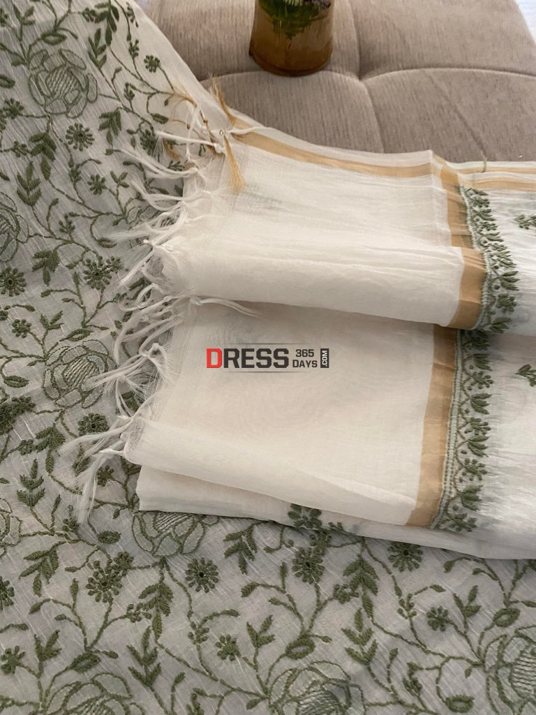 Ivory & Green Mul Chanderi Chikankari Suit Suits