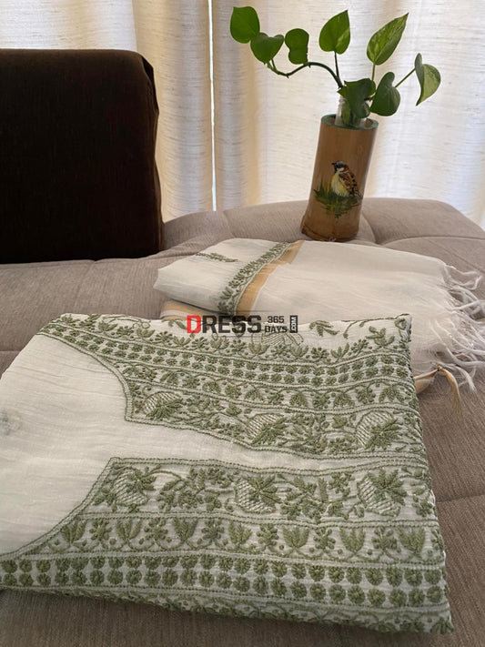 Ivory & Green Mul Chanderi Chikankari Suit Suits