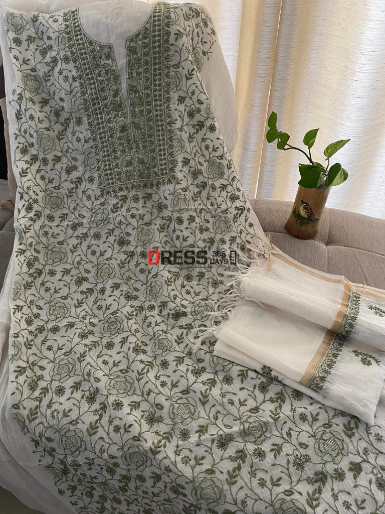 Ivory & Green Mul Chanderi Chikankari Suit Suits
