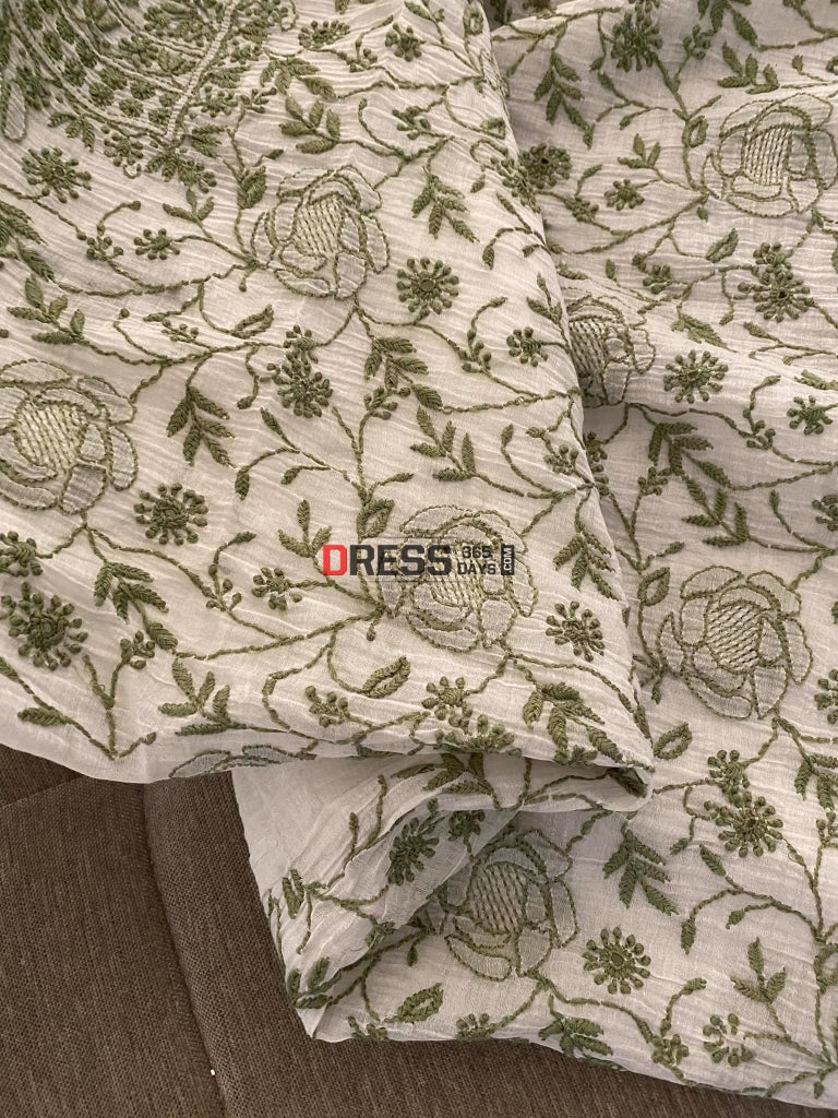 Ivory & Green Mul Chanderi Chikankari Suit Suits