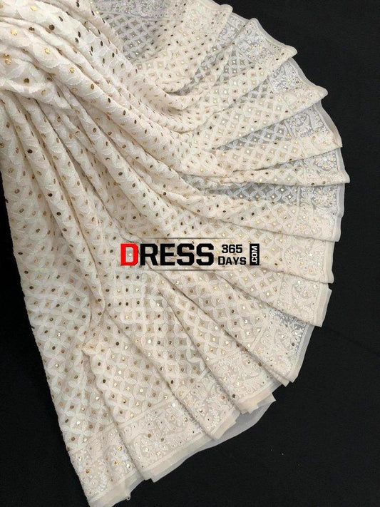 Ivory Hand Embroidered Chikankari And Kamdani Saree