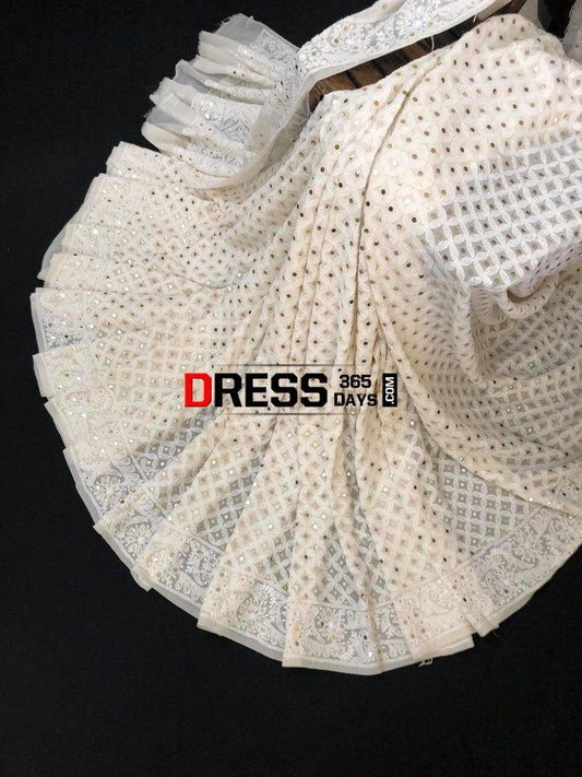 Ivory Hand Embroidered Chikankari And Kamdani Saree