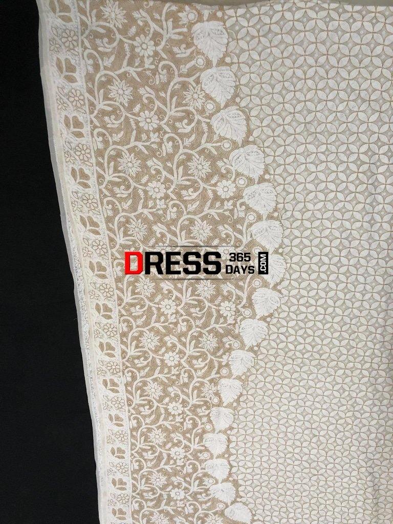 Ivory Hand Embroidered Chikankari Saree- Pearls And Zari Work Saree