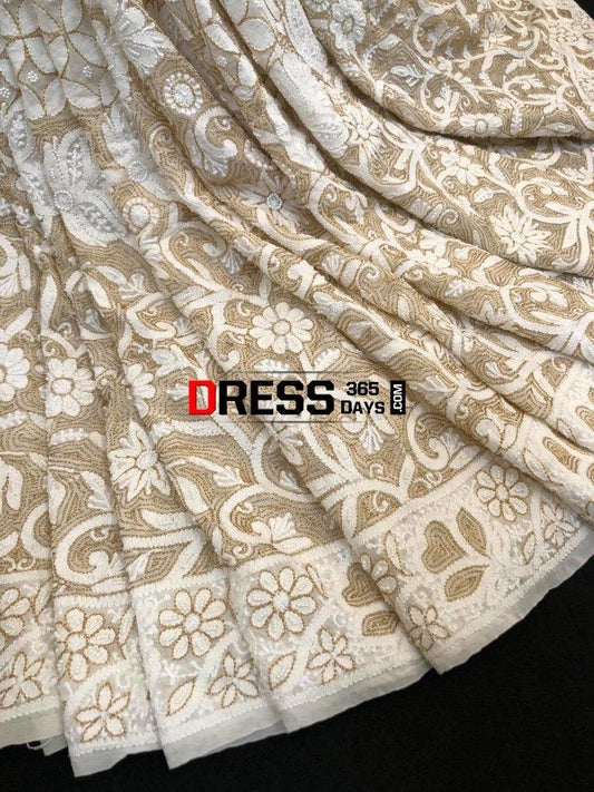 Ivory Hand Embroidered Chikankari Saree- Pearls And Zari Work Saree