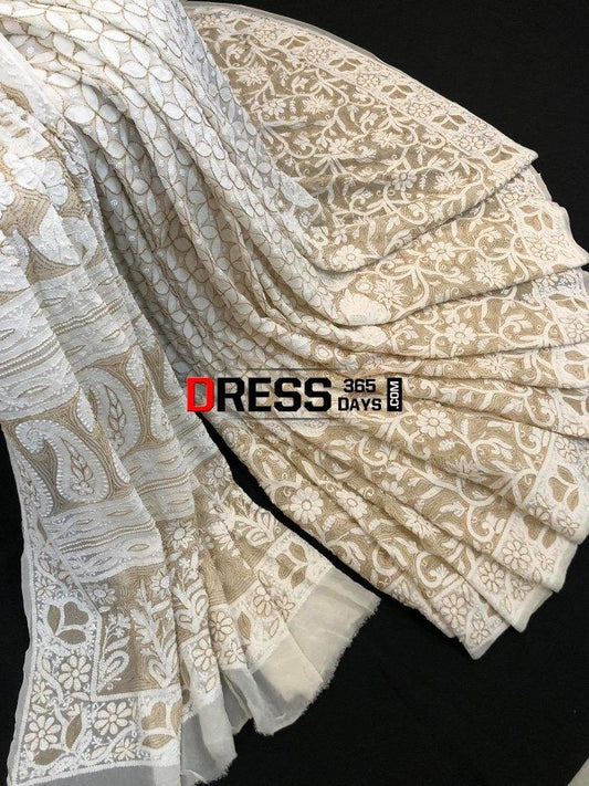 Ivory Hand Embroidered Chikankari Saree- Pearls And Zari Work Saree