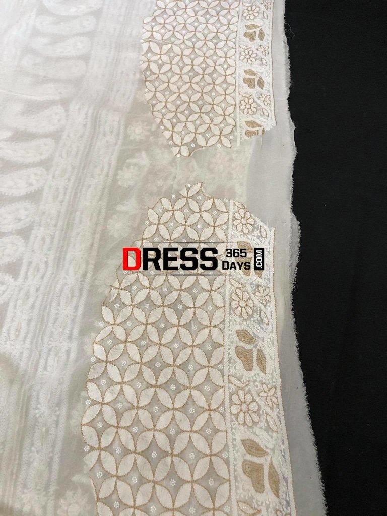 Ivory Hand Embroidered Chikankari Saree- Pearls And Zari Work Saree