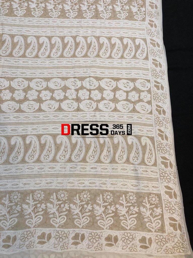 Ivory Hand Embroidered Chikankari Saree- Pearls And Zari Work Saree
