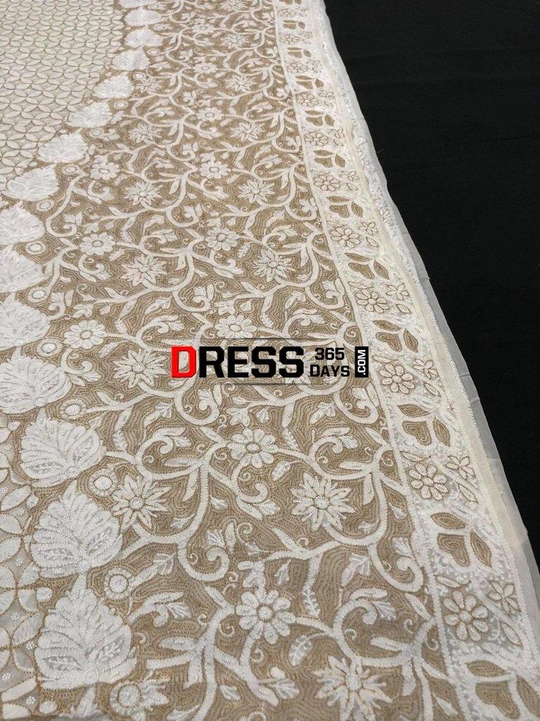 Ivory Hand Embroidered Chikankari Saree- Pearls And Zari Work Saree
