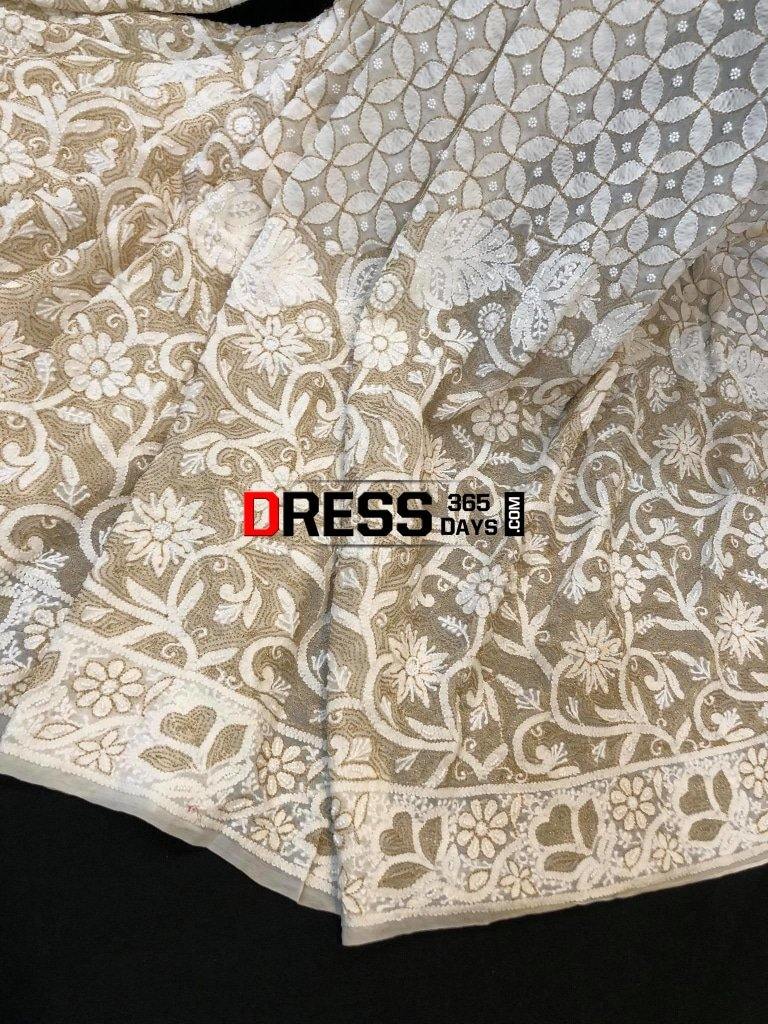 Ivory Hand Embroidered Chikankari Saree- Pearls And Zari Work Saree