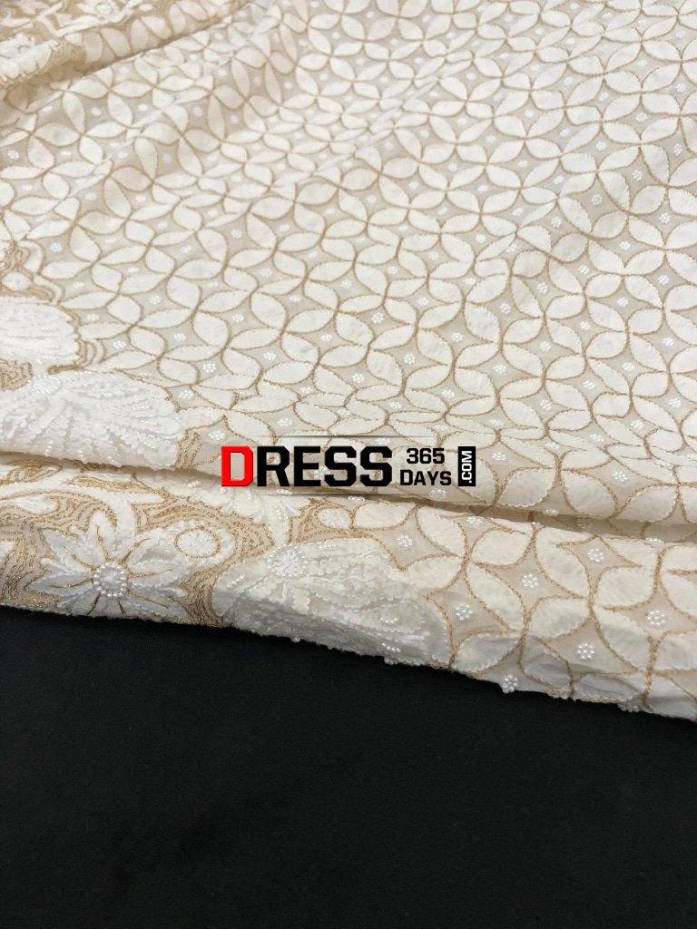 Ivory Hand Embroidered Chikankari Saree- Pearls And Zari Work Saree
