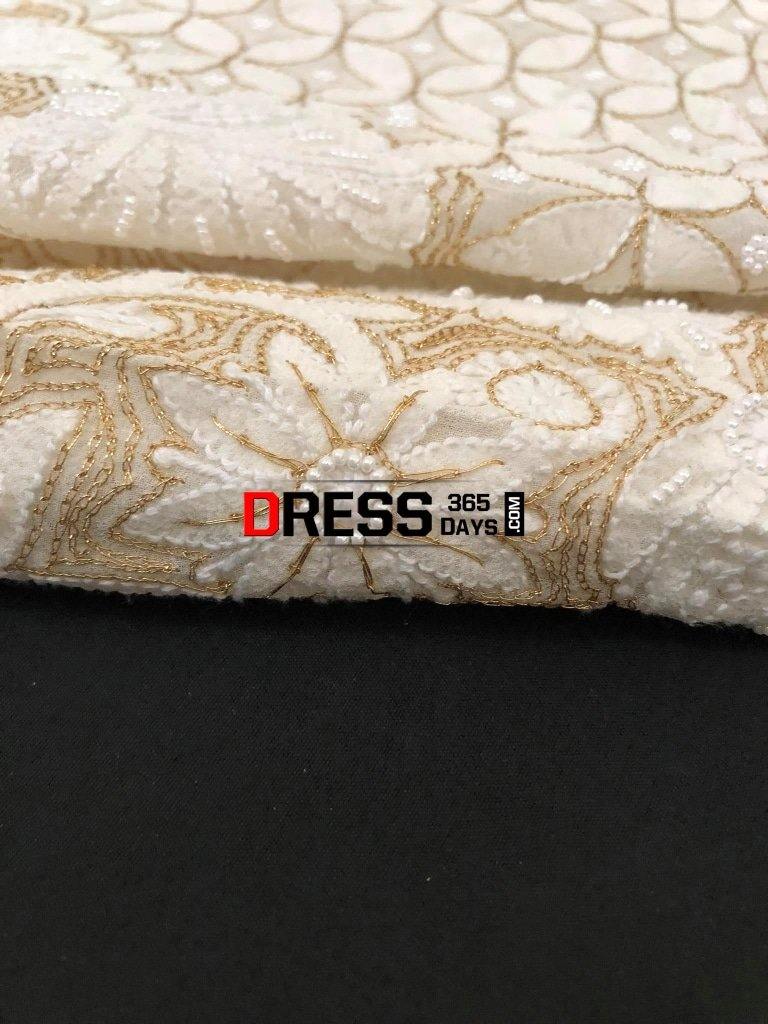Ivory Hand Embroidered Chikankari Saree- Pearls And Zari Work Saree