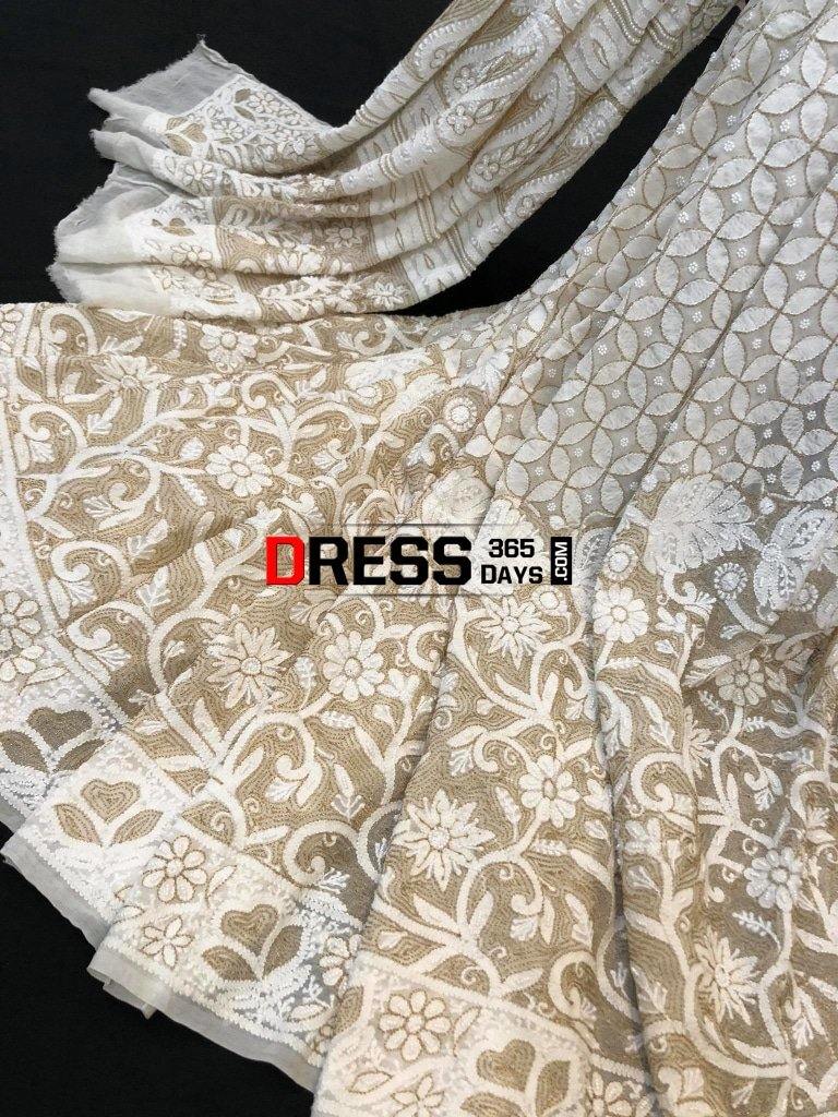 Ivory Hand Embroidered Chikankari Saree- Pearls And Zari Work Saree