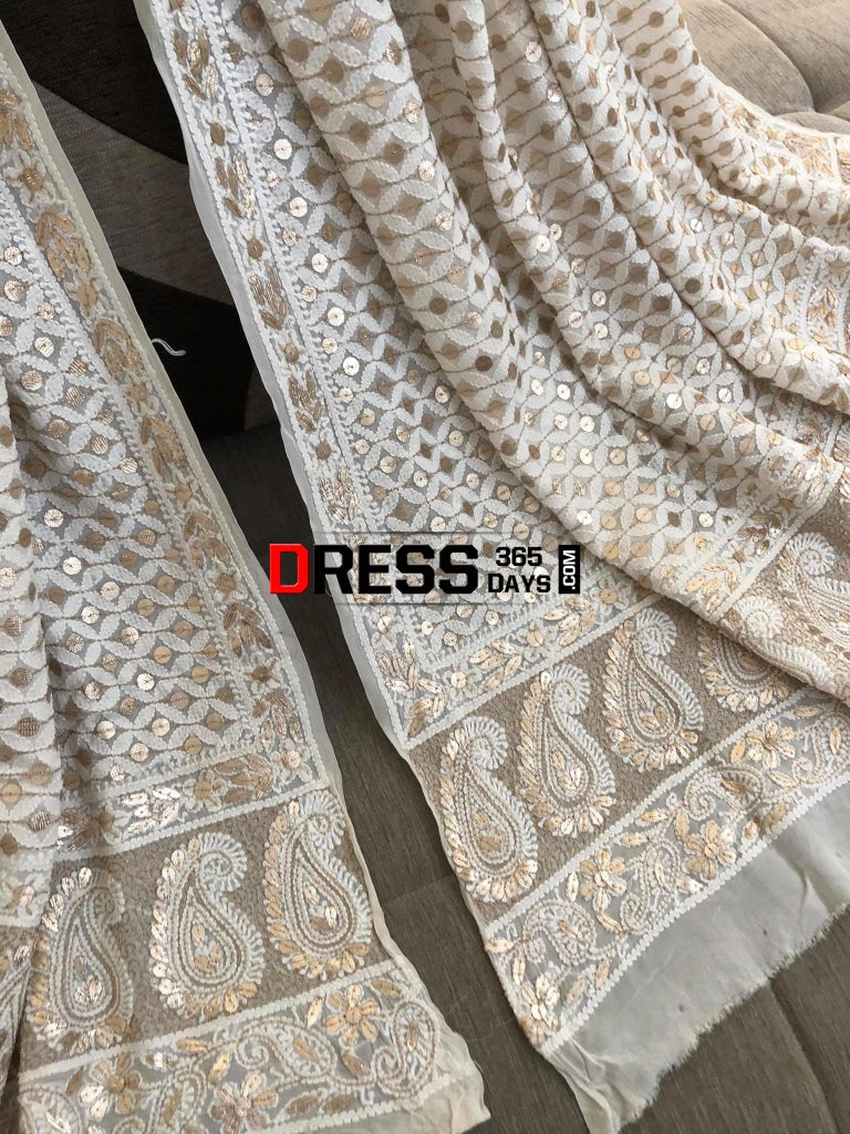 Ivory Hand Embroidered Gota Patti Chikankari Dupatta
